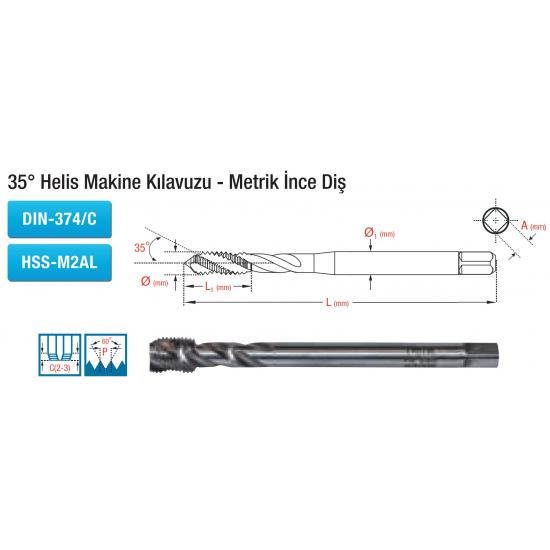 35° Helis Makine Kılavuzu - Metrik İnce Diş DIN-374/C HSS-M2AL