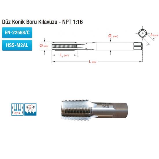 Düz Konik Boru Kılavuzu - NPT 1:16 EN-22568/C HSS-M2AL